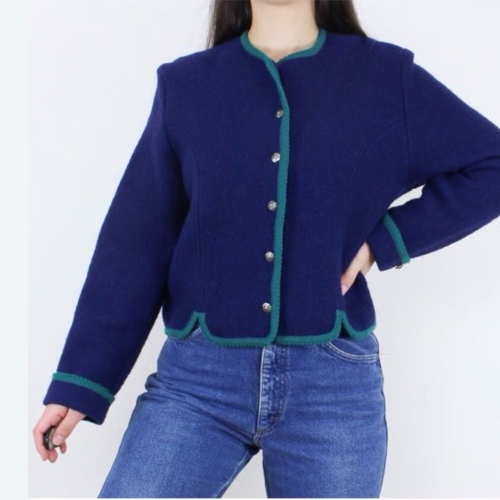 Vintage Tally-Ho 100% Wool Cardigan Sweater in navy blue with green trim